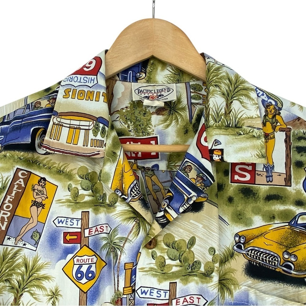 Pacific Legend Hawaiian Style Travel Route 66 Men's Graphic Button Up Shirt